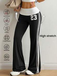 Coolane Pantalones largos acampanados versátiles de estilo vintage Y2K con cordón lateral para mujer, color negro, streetwear - Negro - Ver 3