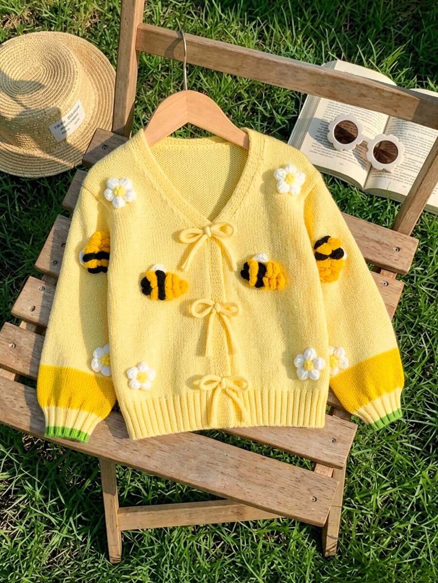 SHEIN Cardigan Rajut Kasual Leher V Warna Kontras Motif Bunga 3D untuk Anak Perempuan - MultiWarna - View 1