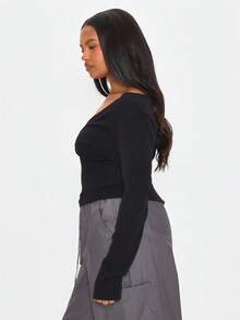 MUSERA Plus Size Black Knit V Neck Long Sleeve Top Spring Summer Casual Everyday Day Outfit Going Out - Black - View 3