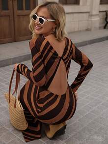 Brillora Vestido casual sexy para mujer con rayas marrones, cuello redondo, espalda descubierta, frente retorcido y abertura, para otoño, vacaciones al aire libre, citas nocturnas, brunch y salidas - Marrón - Ver 1