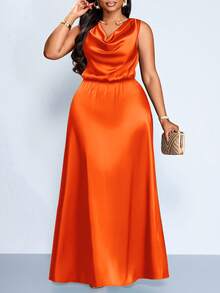 SOLERSUN Plus Size Women's Elegant Party Dress For Women, Suitable For Important Occasions Such As Birthday Parties, Graduation Season, Afternoon Tea, Thanksgiving, And Wedding Season. Features Include A Draped Neckline, Sleeveless Design, High Waist, A-Line Silhouette, And Extra-Long Length. Made From Satin/Silk-Like Material, Perfect For Summer. - Orange - View 4