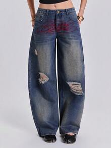 ROMWE Summer Autumn Winter Spring Street Casual Y2K Letter Contrast Color Embroidery Distressed Spray Paint Loose Straight Leg Curved Hem Jeans - Blue - View 1