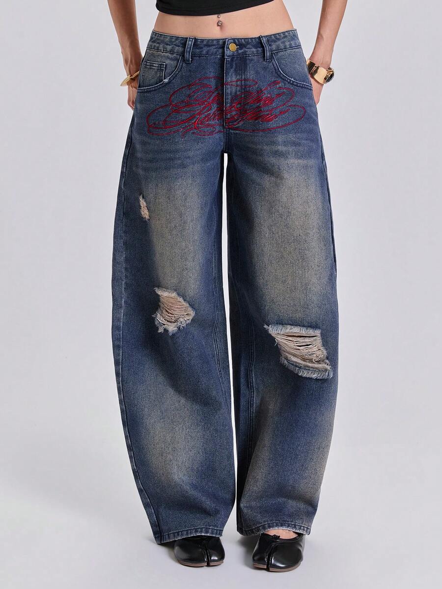 ROMWE Summer Autumn Winter Spring Street Casual Y2K Letter Contrast Color Embroidery Distressed Spray Paint Loose Straight Leg Curved Hem Jeans - Blue - View 1
