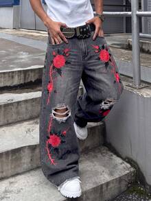 GALLERY FADE Men's Gothic Red Rose Embroidery Distressed Wide Leg Jeans, Y2K Punk Vintage Denim Pants - Light Grey - View 4