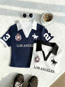 青少年女孩 2件組馬術徽章對比領短袖T恤套裝，海軍藍，夏季，海灘，運動，度假穿搭 - 彩色 - 查看 5