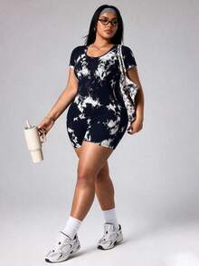 SHEIN Unity Plus Size Women's Tie Dye Short Sleeve Yoga Romper - Black - View 4