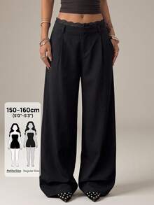 SHEIN PETITE 女款素色百褶休閒百搭日常穿著長褲 - 黑色 - 查看 12