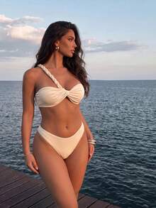 SHEIN Swim 3件組新款純色夏季套裝：扭結肩露背上衣、比基尼泳褲與扭結開衩沙灘裙 - 杏色 - 查看 2