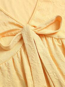Sweetra Spring Summer Autumn Winter Pale Yellow Knitted Textured Jacquard Fashion Sexy Cottagecore Cute Low V-Neck Bowknot Waist A-Line Short Dress - Yellow - View 3