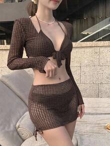 DAZY 3 Pieces Long Sleeve Sun Protection Swimwear Set For Swimming, Vacation And Hot Spring - Brown - View 1