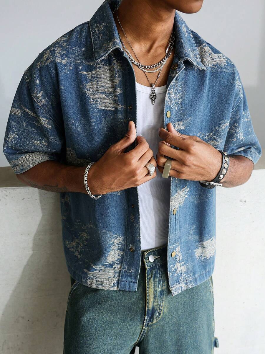 STEELVANCE American Streetwear Jacquard Denim Top - Blue - View 1