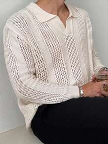 DAZY Spring/Autumn Polo Collar Semi-Hollow Jacquard Knit Top - White - View 1