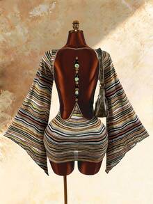 Amplova Women's Deep V-Neck Back Beaded Flare Sleeve Striped Sexy Mini Dress - Brown - View 9