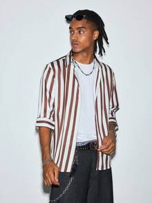 Modcrash Mens Striped Button Down Shirt, Long Sleeve Lightweight Breathable Casual Shirt For Spring Summer - Brown - View 2