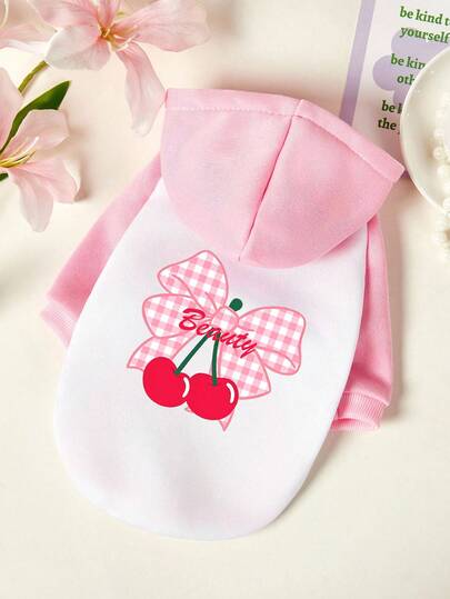 PETSIN Sudadera con capucha para mascotas con estampado de letra de cereza y 1 pieza de lazo a cuadros en rosa y blanco, gruesa y cálida para otoño e invierno, suave y cómoda, ropa para mascotas anti desprendimiento
