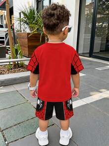 男嬰休閒極簡紅黑拼色短袖圓領T恤套裝，2件式夏季男孩服飾，返校季適用 - 彩色 - 查看 2