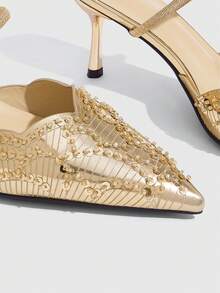 CUCCOO SZL Champagne Gold Sequins Pointed Stiletto Strap Sandals, Light Luxury Banquet Style Woven Stiletto High Heels Women Fall Shoes - Rose Gold - View 5