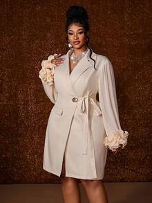 Maweii Plus Size French Luxury Black Color Date Party Patchwork High-End Slimming Blazer Jacket For Women Wedding Autumn Elegant - Apricot - View 3