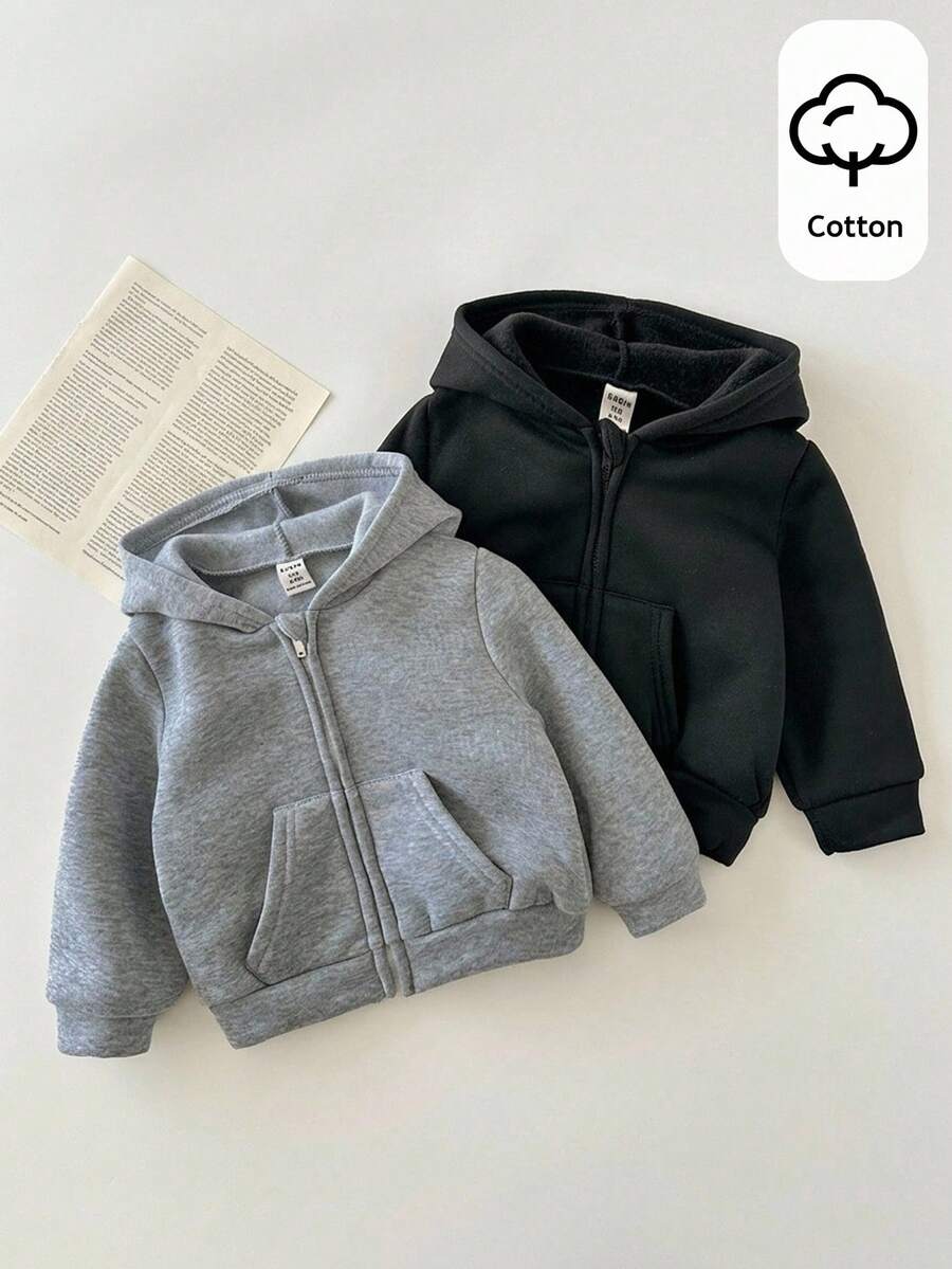 SHEIN 2件裝嬰兒男童女童秋冬款可愛百搭簡約純色連帽外套，灰色連帽衫與黑色連帽衫，適合秋冬穿著