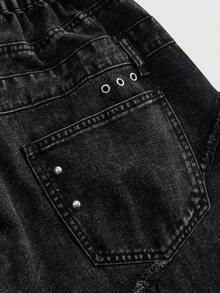 ROMWE Grunge Punk Dark Punk Plus Size Women's Wide Leg Denim 7/8 Pants With Double Waistband Distressed Frayed Design Streetwear - Black - View 4