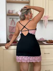 Slumberry CURVE Sweet INS Colorblock Criss-Cross Lace Patchwork Backless Hollow Out Spaghetti Strap Mini Sexy Knit Plus Size Nightgown - Black - View 2