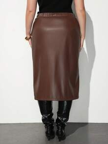 Maija Plus Size Fashion Street Style Ruched Front Slit PU Skirt Fall - Brown - View 5