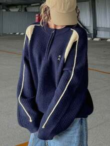 FRIFUL 女款休閒拼色拼接毛衣，秋冬款 - 藏蓝色 - 查看 1