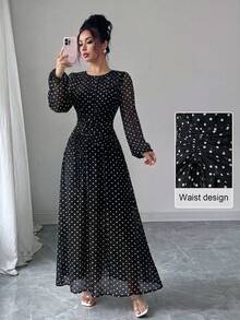 Modelyn 女款夏季雪紡蝴蝶印花抓皺圓領長袖洋裝 - 彩色 - 查看 7