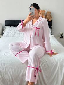 Napfluff CURVE Napfluff CURVE Pink Striped Contrast Bow Decor Lapel Plus Size Pajama Set 2pcs - Pink - View 3