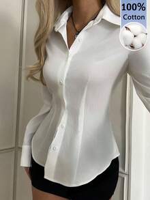 SHEIN EZwear 100%水洗棉白色紋理休閒收腰長袖鈕扣襯衫，適合女性，適用於秋冬 - 彩色 - 查看 3