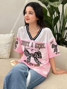 SHEIN Girlism Tween Girls Y2K 休闲街头服饰豹纹蝴蝶结标语图案印花网眼拼接 V 领宽松短袖针织 T 恤，粉色 - 粉色 - 查看 3