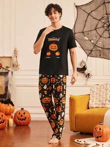 Provexi Provexi Halloween Pumpkin Print Short Sleeve Loungewear Top - Black - View 5