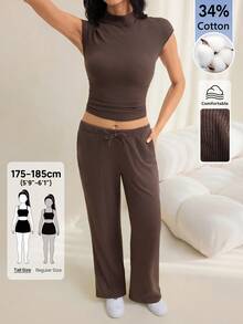 SHEIN Tall Women's Solid Color Stand Collar Cap Sleeve Top And Pants Casual 2 Pieces Set - Brown - View 7