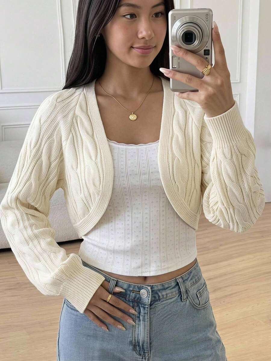 Teen Girls White/Cropped/Ribbed/Knit/Textured/Versatile Casual Short Cardigan/Sun Protection/Daily Wear/All-Match Cardigan - Multicolor - View 1