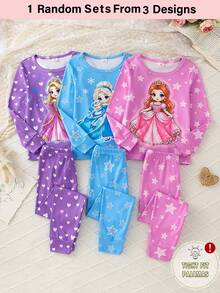 Random 1 Set Girls' Slim Fit Fluorescent Glow-In-The-Dark Little Princess Star Print Long Sleeve Long Pants Pajama Set Homewear - Multicolor - View 3