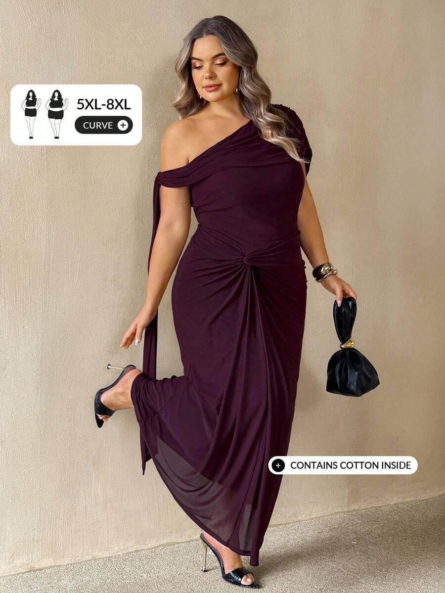 SHEIN CURVE+ Plus Size Elegant Casual Celestial Party Cocktail Formal Evening Dinner Solid Color Asymmetric Neckline Summer 2026 22W Wedding Dark Green - Purple - View 1