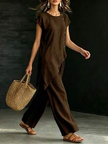 SHEIN Holidaya 2026 New Summer Vacation Casual 2 Pieces Set, Blue 2 Pieces Outfit With Button Decor And Asymmetrical Hem, Women's Country Style Set - Brown - View 4
