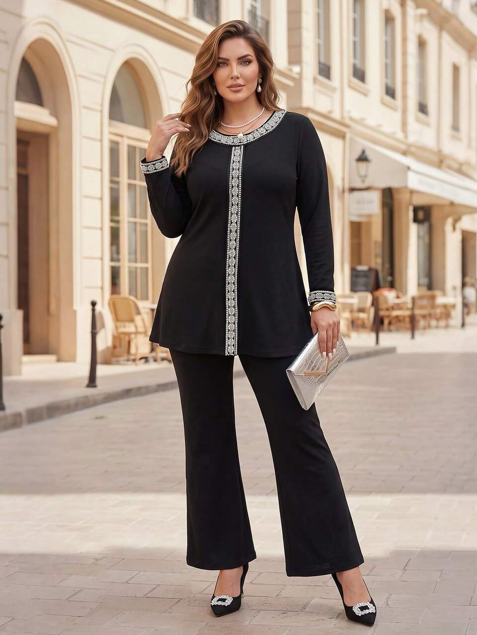 Women's Plus Size Sequin Contrast Trim Pullover Elegant Eleganza Set Autumn Clothes For Women 2026 Elegant Sequined Set Brunch Wedding Guest Black