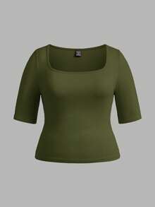 SHEIN BASICS 3pcs Casual Solid Color Knit Square Neck Short Sleeve Slim Fit Plus Size T-Shirts - Multicolor - View 8