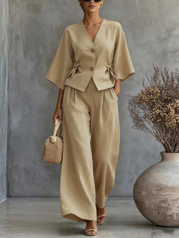 SHEIN Conjunto de 2 Peças de Outono com Blazer Feminino de Decote em V e Atacador Lateral, Calças de Perna Larga com Manga 3/4 Flare, Fato Combinado de Outono, Roupa Casual de Escritório, Roupa para Deslocações Diárias