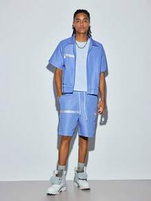 Modcrash Mens Summer Striped Outfit Set, Lightweight Short Sleeve Shirt And Elastic Waist Cargo Shorts - Blue - View 2