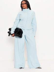 MUSERA Blue Denim Funnel Neck Jacket Winter Autumn Everyday Casual Going Out Weekdaze - Blue - View 4