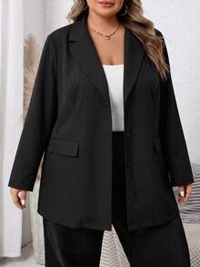 SHEIN CURVE+ Plus Size Solid Color Front Button Belted Elegant Business Casual Long Sleeve Blazer Jacket,Summer, 2026 22W Office Dates Formal Black - Black - View 4