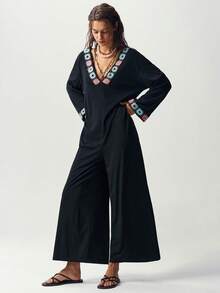 Bohemela Jumpsuit Wanita Lengan Panjang Rajut Warna Polos Kasual - Hitam - View 4