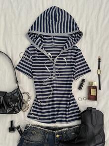 Attitoon Women's Striped Button Half-Placket Short Sleeve Casual Hooded T-Shirt - Grey - View 1