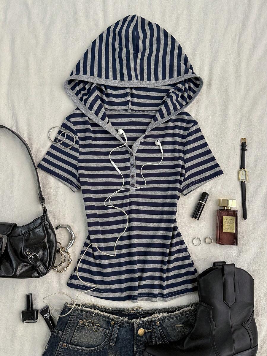 Attitoon Women's Striped Button Half-Placket Short Sleeve Casual Hooded T-Shirt - Grey - View 1