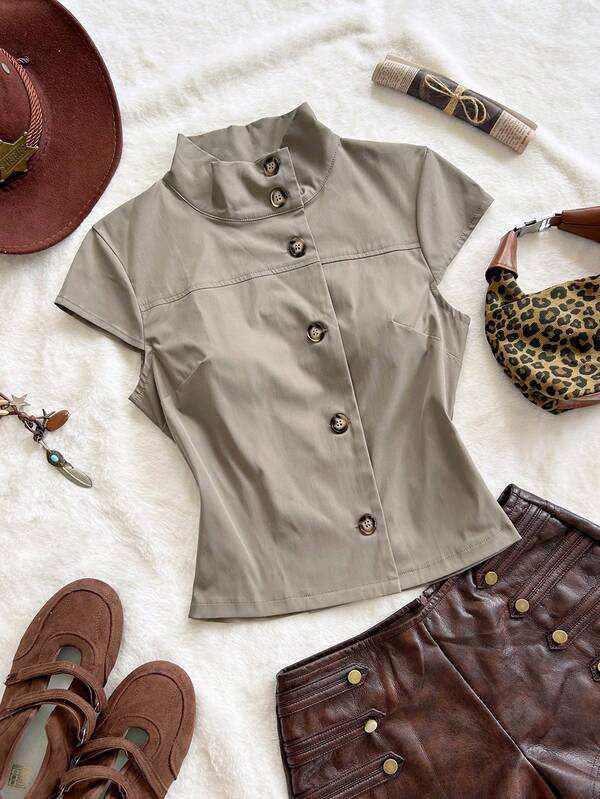 Soleia Veste ajustée décontractée et sexy pour femmes, gris haricot et vert, manches courtes, col montant et revers, pour vacances, rendez-vous, après-midi thé, plage, croisière, voyage en voiture, vacances en ville, festival de musique, fête, rue, trajets quotidiens