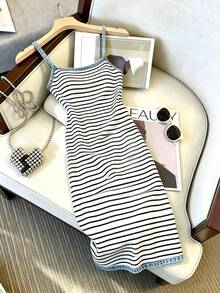 Rafferiza Women's Summer Retro Striped Knit Cami Dress Sexy Sleeveless Backless Bodycon Dress Summer Vacation Rib-Knit Spaghetti Strap Long Slip Dress - Multicolor - View 5