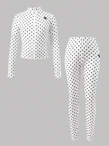 SHEIN Tween女孩白色波點印花領口拉鍊修身休閒套裝附內搭褲，運動套裝 - 白色 - 查看 2