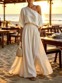 SHEIN Women's Asymmetric Neck Umbrella Hem Long Dress, Suitable For Occasions, Vacation, Home, Date, Beach - Beige - View 5